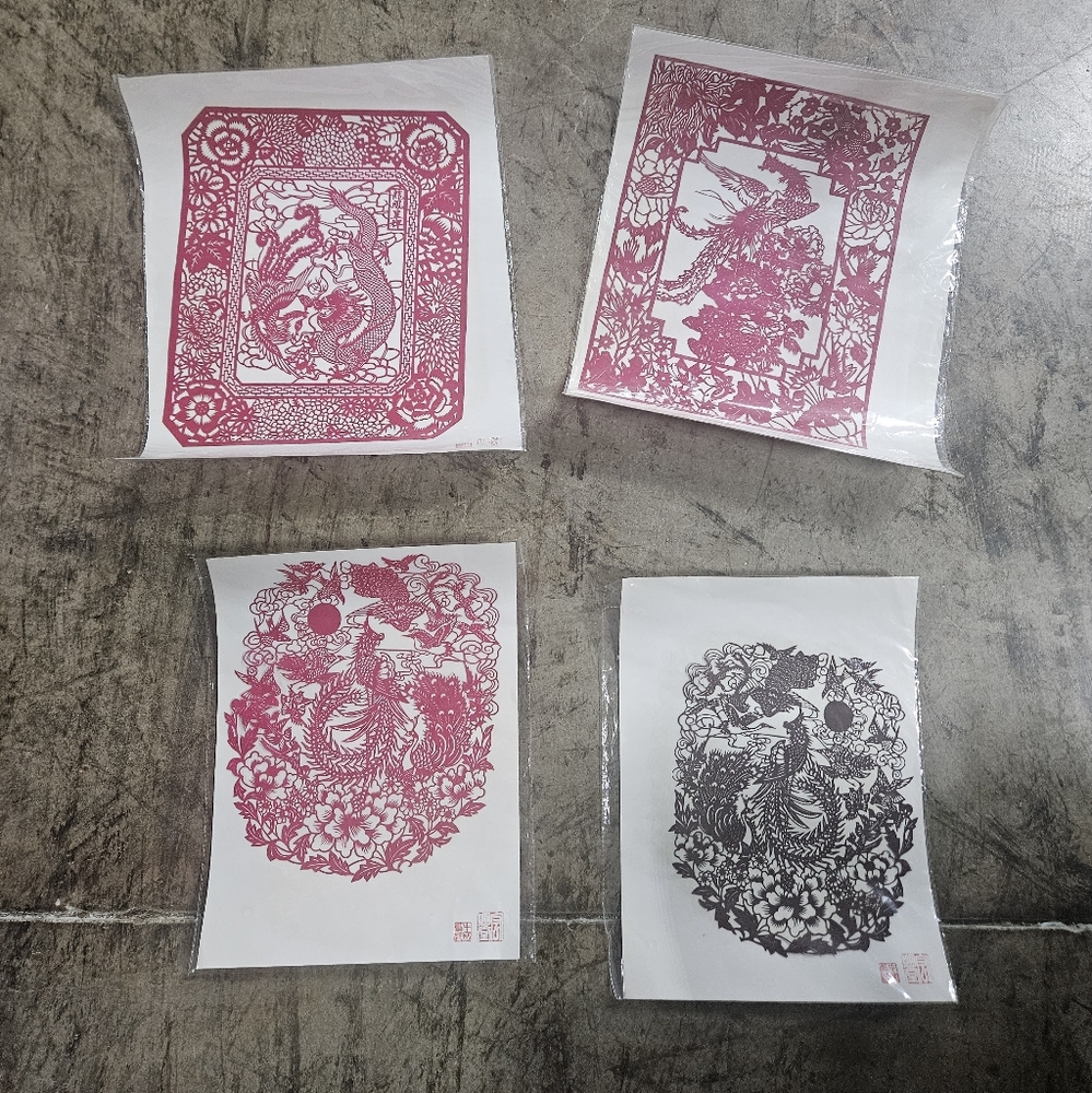 4 Vintage Asian Paper Cut Culture Red/Black Folk Art With Seal